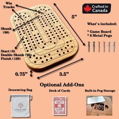 Travel Size Mini Cribbage Board | Metal Pegs | Card Game | Personalized | Carrying Bag | Built-in Storage | Solid Maple Cherry Walnut