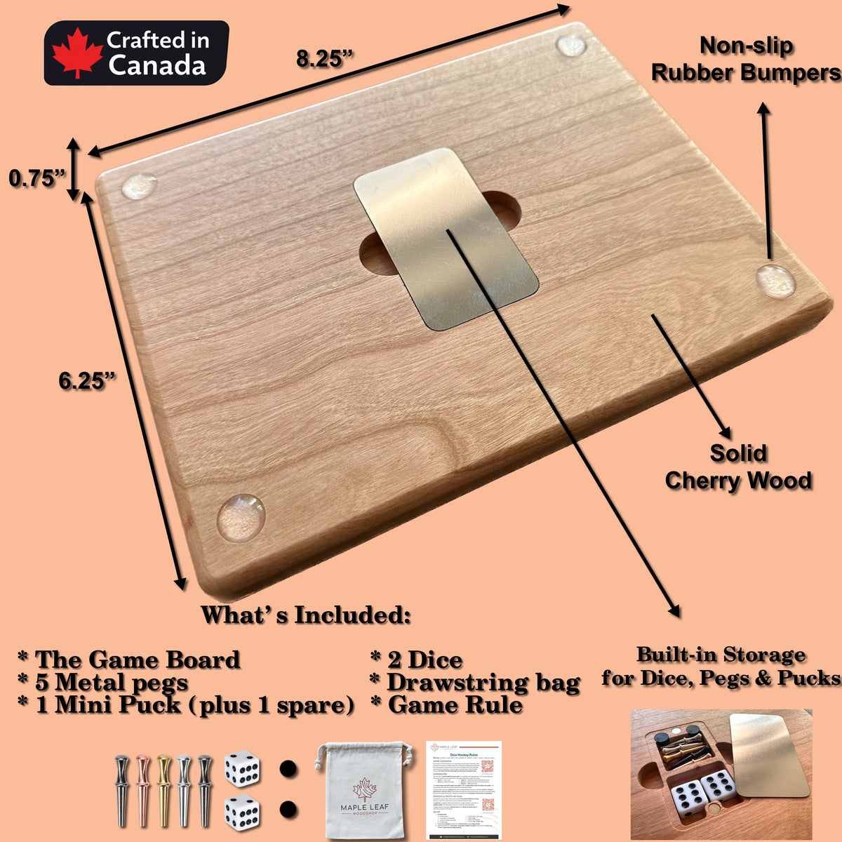 Wooden Dice Hockey Game | Travel Size | Built-in Storage | Dice Game | Board Game | Metal Pegs | Personalized | Your Logo | Solid Hardwood