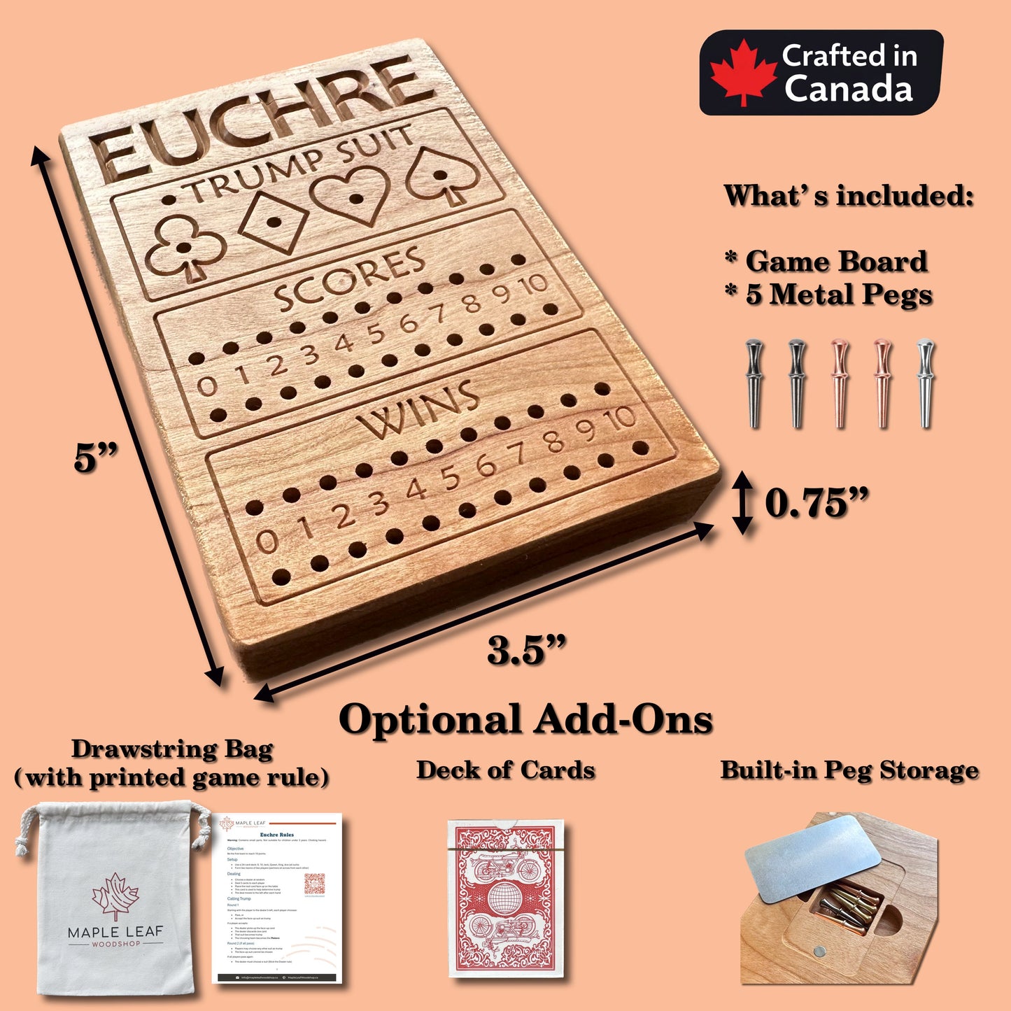 Jeu de cribbage classique | Pliable | Format voyage | Portable | Rangement intégré | Piquets métalliques | Personnalisé | Votre logo | Bois dur de qualité supérieure
