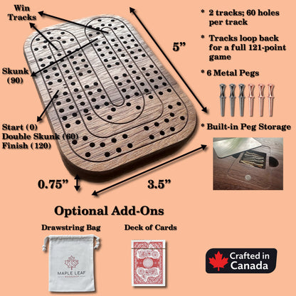 Jeu de cribbage classique | Pliable | Format voyage | Portable | Rangement intégré | Piquets métalliques | Personnalisé | Votre logo | Bois dur de qualité supérieure