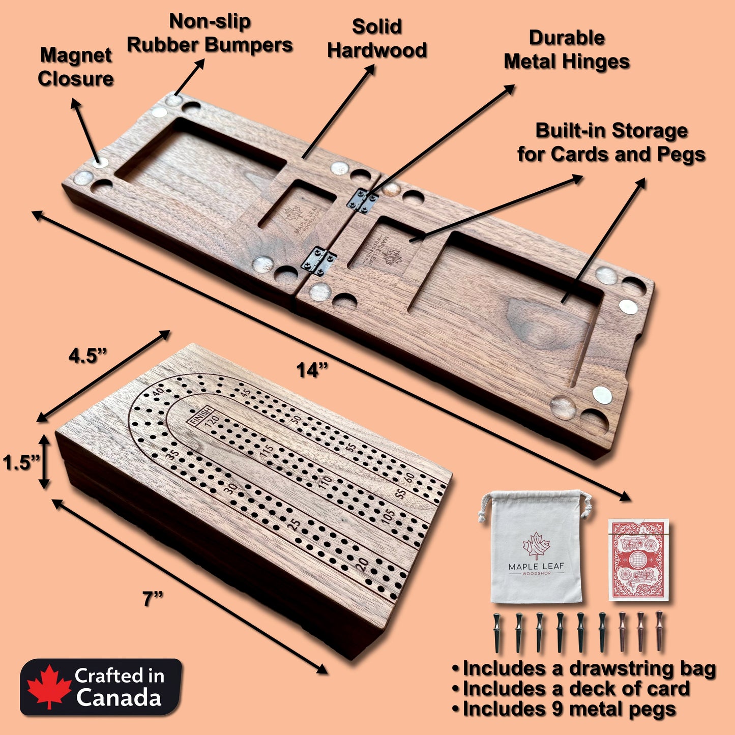 Plateau de cribbage pliable | 3 pistes | Format voyage | Portable | Rangement intégré | Chevilles métalliques | Gravure personnalisée | Bois franc de première qualité