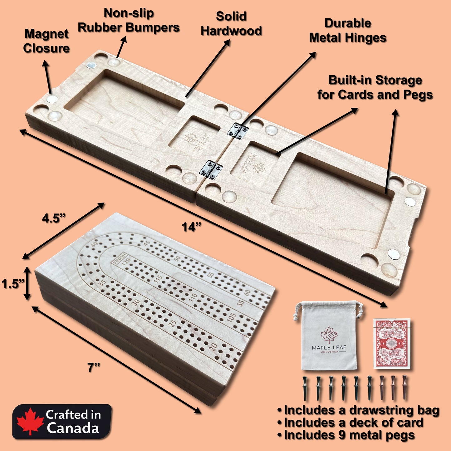 Plateau de cribbage pliable | 3 pistes | Format voyage | Portable | Rangement intégré | Chevilles métalliques | Gravure personnalisée | Bois franc de première qualité