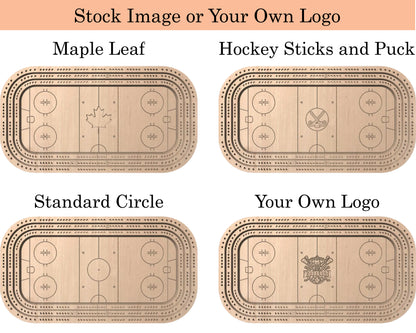 Planche de cribbage pour patinoire | Piquets métalliques | Personnalisé | Logo personnalisé | Bois dur de qualité supérieure | Feuille d'érable | Bâtons et rondelle de hockey