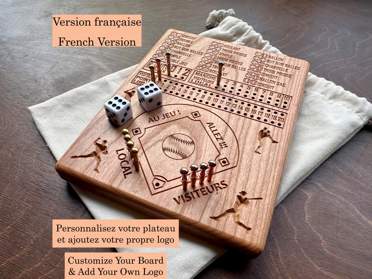 Baseball avec dés en français | Dice Baseball in French | Travel Size | Built-in Storage | Dice Game | Metal Pegs | Personalized | Your Logo | Solid Hardwood