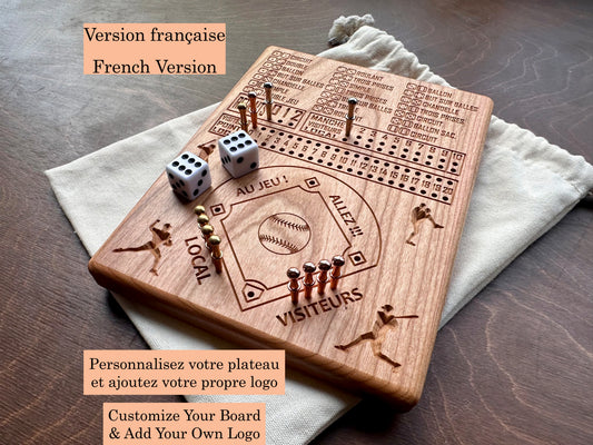 Baseball avec dés en français | Dice Baseball in French | Travel Size | Built-in Storage | Dice Game | Metal Pegs | Personalized | Your Logo | Solid Hardwood
