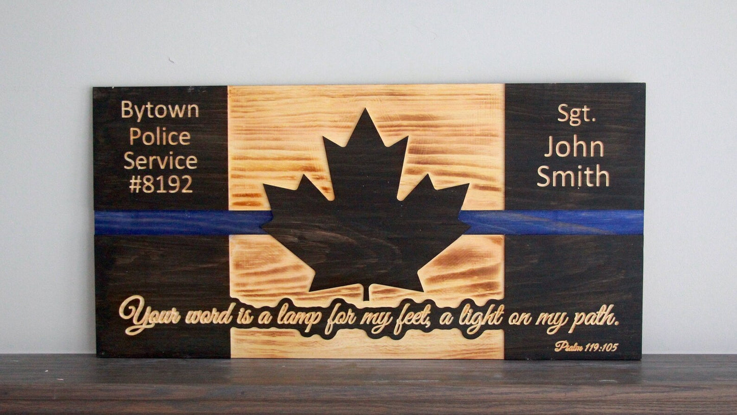 Personalized Bible Verse Thin Line Wooden Canada Flag | Police | Officer | Firefighter | Military | Army | Navy | Air Force | EMS