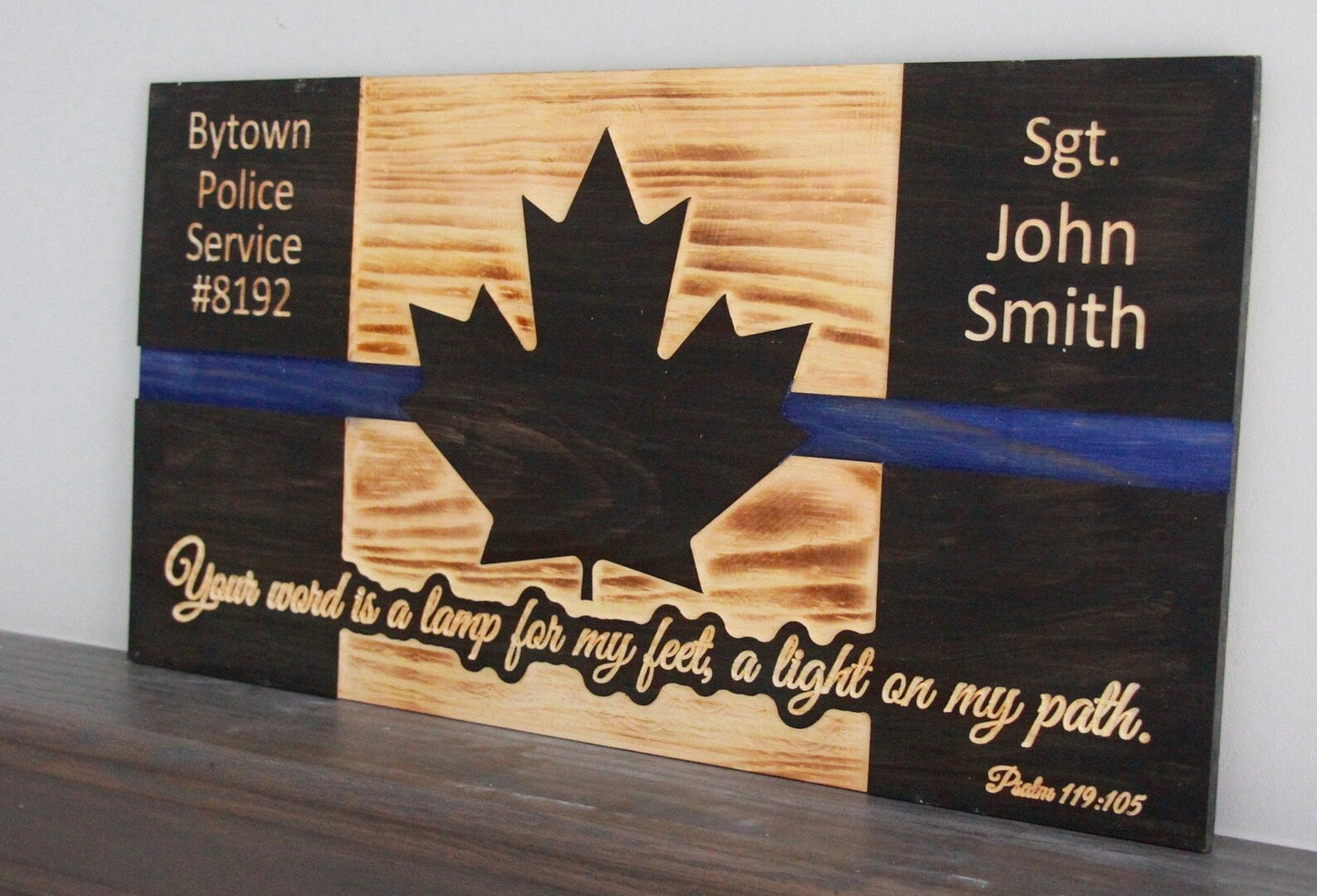 Personalized Bible Verse Thin Line Wooden Canada Flag | Police | Officer | Firefighter | Military | Army | Navy | Air Force | EMS