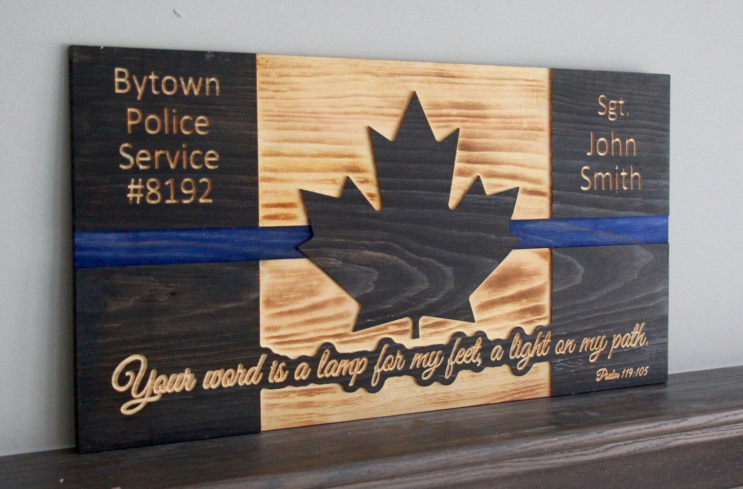 Personalized Bible Verse Thin Line Wooden Canada Flag | Police | Officer | Firefighter | Military | Army | Navy | Air Force | EMS