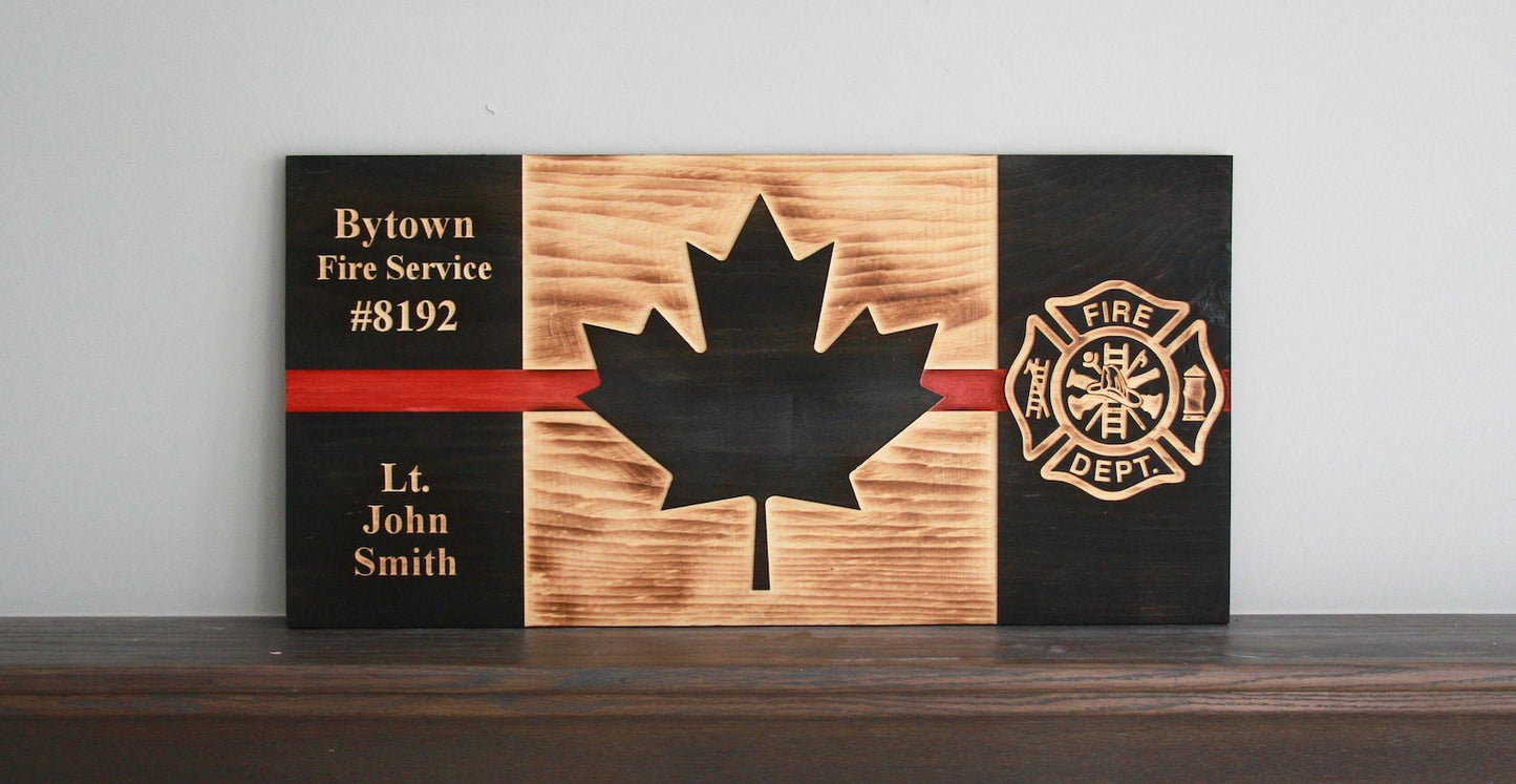 Personalized Maltese Cross Red Thin Line Wooden Canada Flag | Firefighter | Fire Department | Fire Service | First Responder | Wall Art