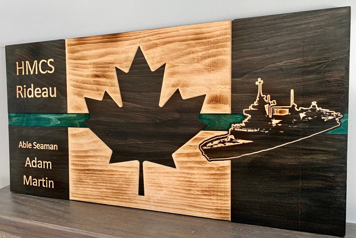 Personalized HMCS Green Thin Line Wooden Canada Flag | Navy | Military | Armed Forces | Army | Air Force | Royal Canadian | Wall Art | Gift
