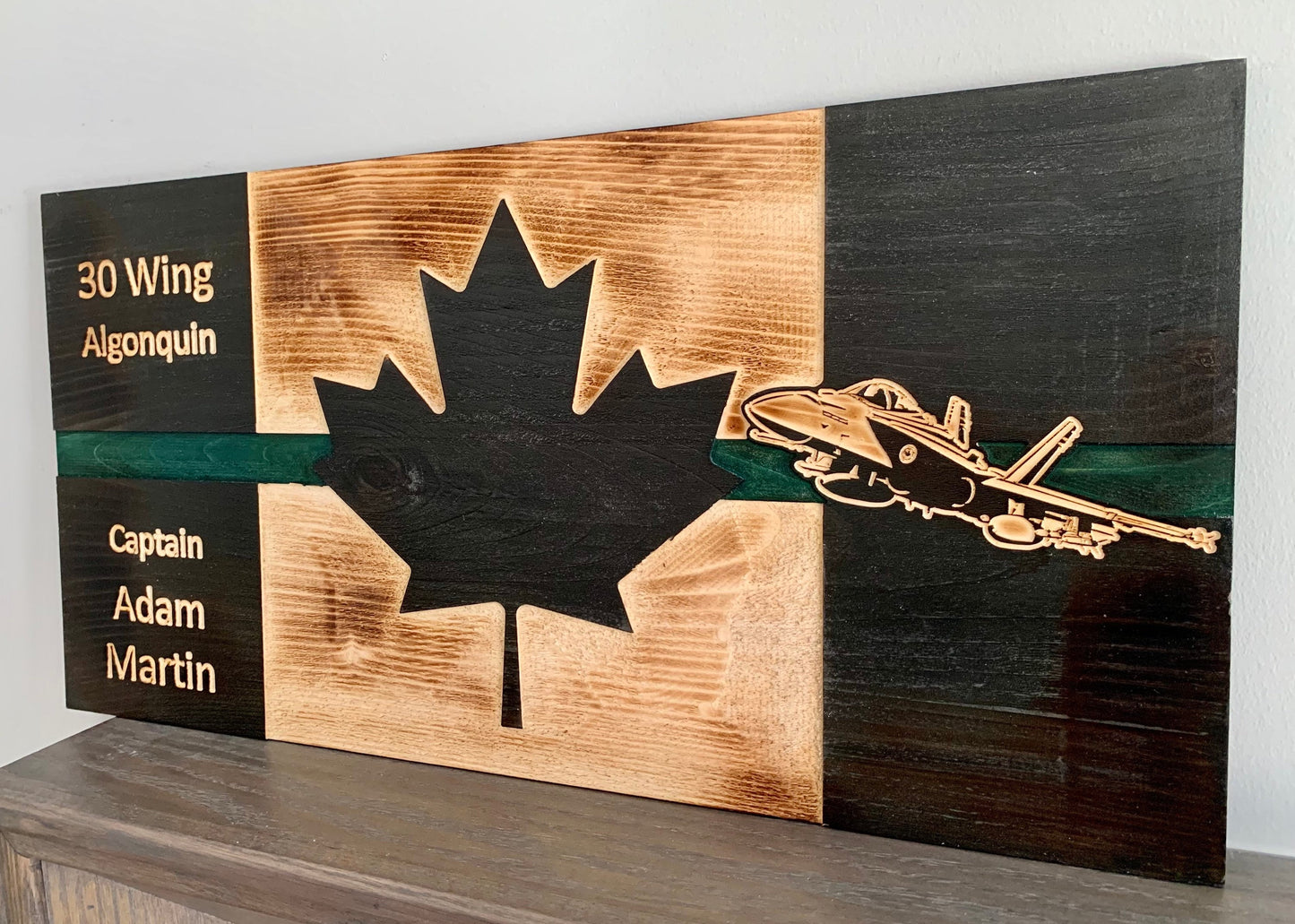 Personalized CF-18 Hornet Green Thin Line Wooden Canada Flag | Air Force | Military | Armed Forces | Navy | Army | Royal Canadian | RCAF