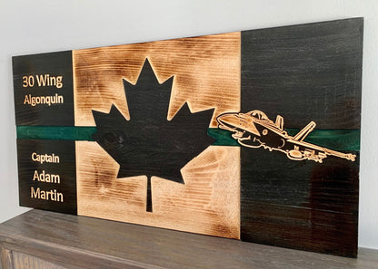 Personalized CF-18 Hornet Green Thin Line Wooden Canada Flag | Air Force | Military | Armed Forces | Navy | Army | Royal Canadian | RCAF