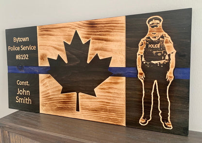 Drapeau du Canada en bois K9 Blue Thin Line personnalisé | Police | Officier | Premier intervenant | K-9 | Chien