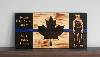 Drapeau du Canada en bois K9 Blue Thin Line personnalisé | Police | Officier | Premier intervenant | K-9 | Chien