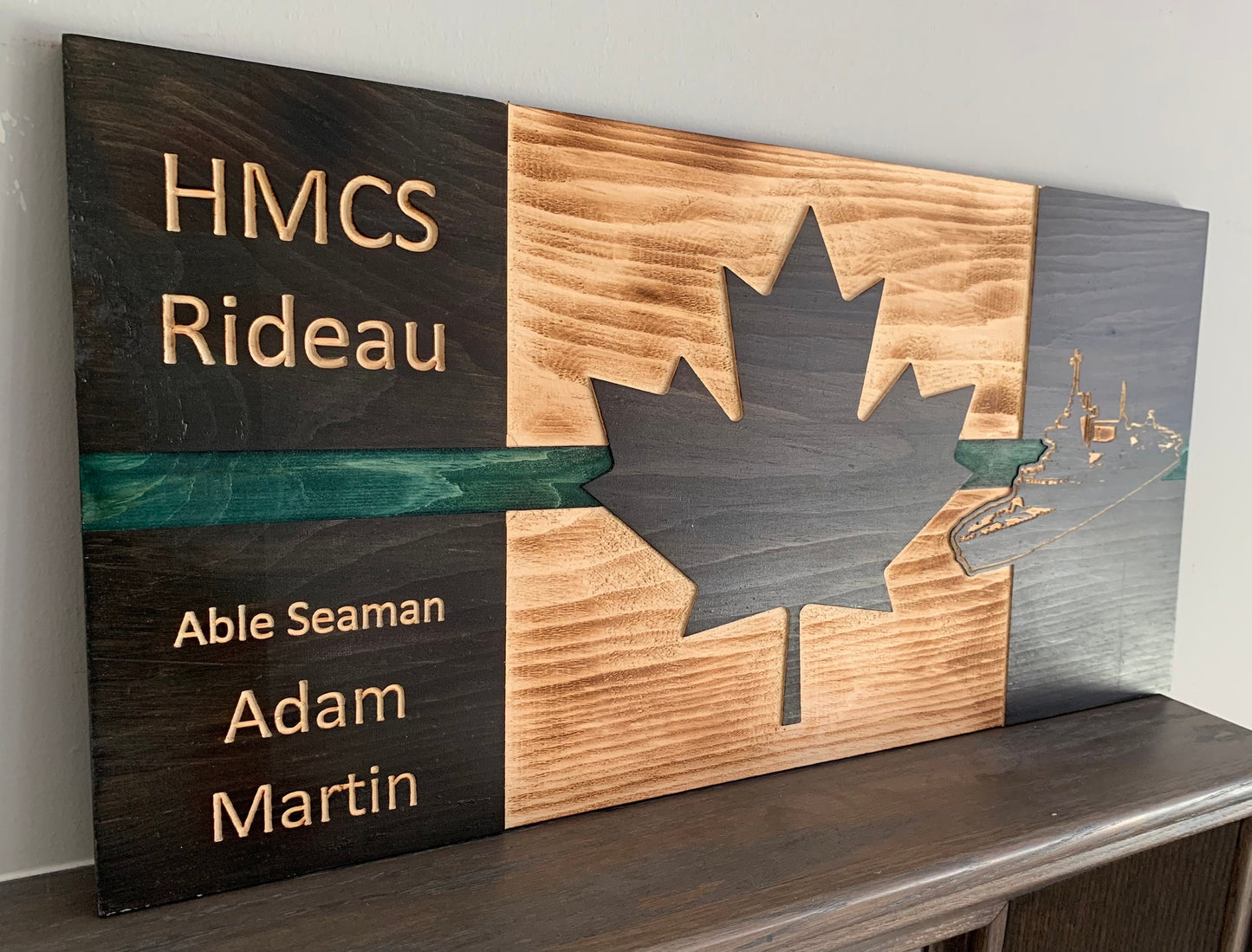 Personalized HMCS Green Thin Line Wooden Canada Flag | Navy | Military | Armed Forces | Army | Air Force | Royal Canadian | Wall Art | Gift
