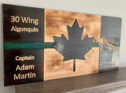 Personalized CF-18 Hornet Green Thin Line Wooden Canada Flag | Air Force | Military | Armed Forces | Navy | Army | Royal Canadian | RCAF