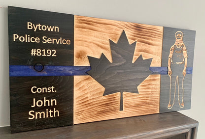 Drapeau du Canada en bois K9 Blue Thin Line personnalisé | Police | Officier | Premier intervenant | K-9 | Chien