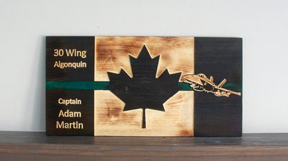 Personalized CF-18 Hornet Green Thin Line Wooden Canada Flag | Air Force | Military | Armed Forces | Navy | Army | Royal Canadian | RCAF