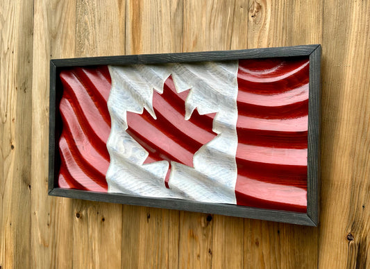 Wavy Wooden Canada Flag | Red & White with Black Frame | Wave Style 1 | 22.5 " x 11.25" | Ready to Ship