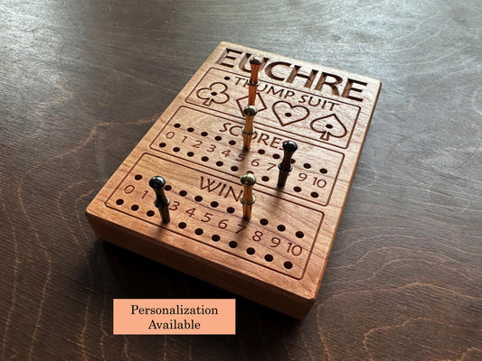 Travel Size Mini Euchre Score Board | Metal Pegs | Card Game | Personalized | Carrying Bag | Built-in Storage | Solid Cherry Wood