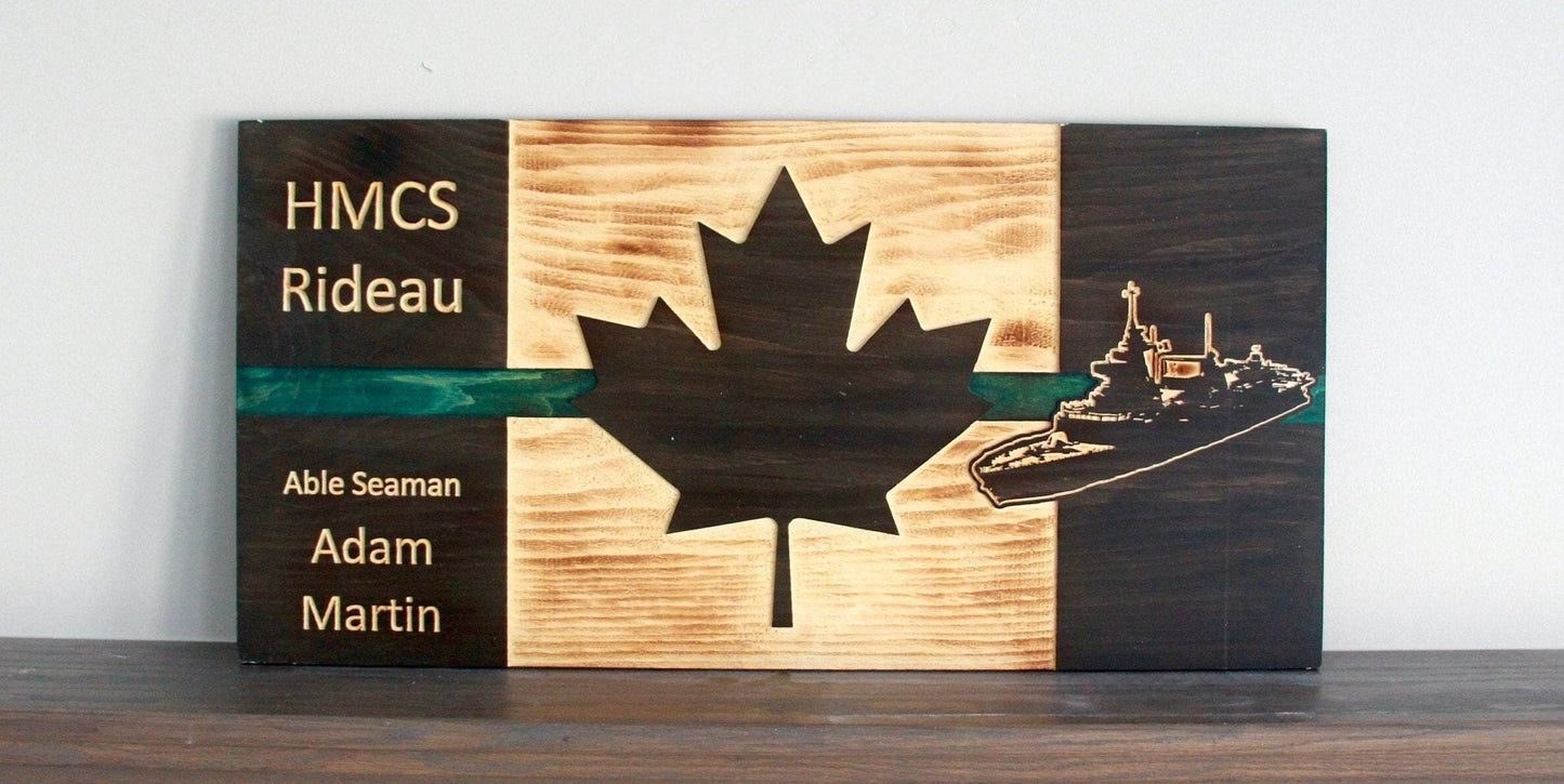 Personalized HMCS Green Thin Line Wooden Canada Flag | Navy | Military | Armed Forces | Army | Air Force | Royal Canadian | Wall Art | Gift