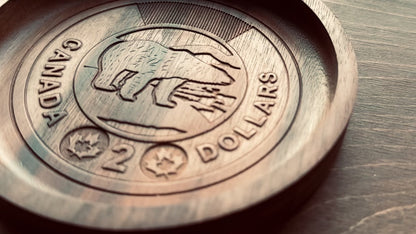 Wooden Canadian Coin Design Catchall Tray (Wholesale) | Loonie | Toonie | Maple | Cherry | Walnut |