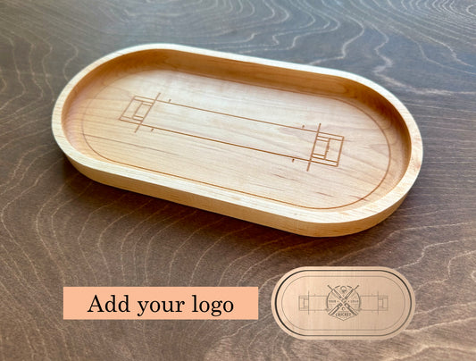 Cricket Pitch Shape Hardwood Catchall Tray | Trivet | Serving Board | Charcuterie | Own Logo | Maple | Cherry | Walnut | Custom | Personalized | Cricket Field