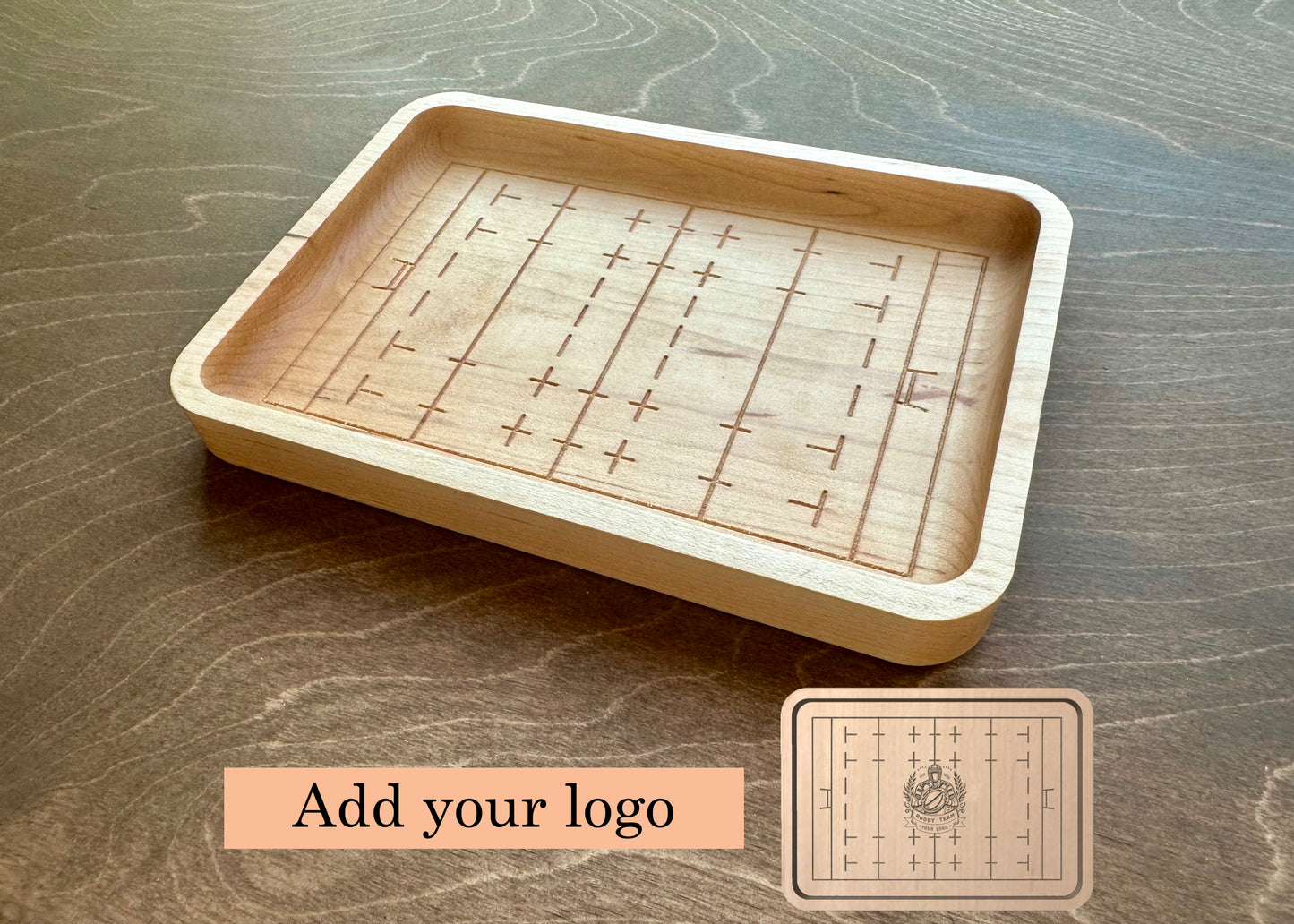 Rugby Union Pitch Shape Hardwood Catchall Tray | Trivet | Serving Board | Charcuterie | Personalized | Maple | Cherry | Walnut | Logo