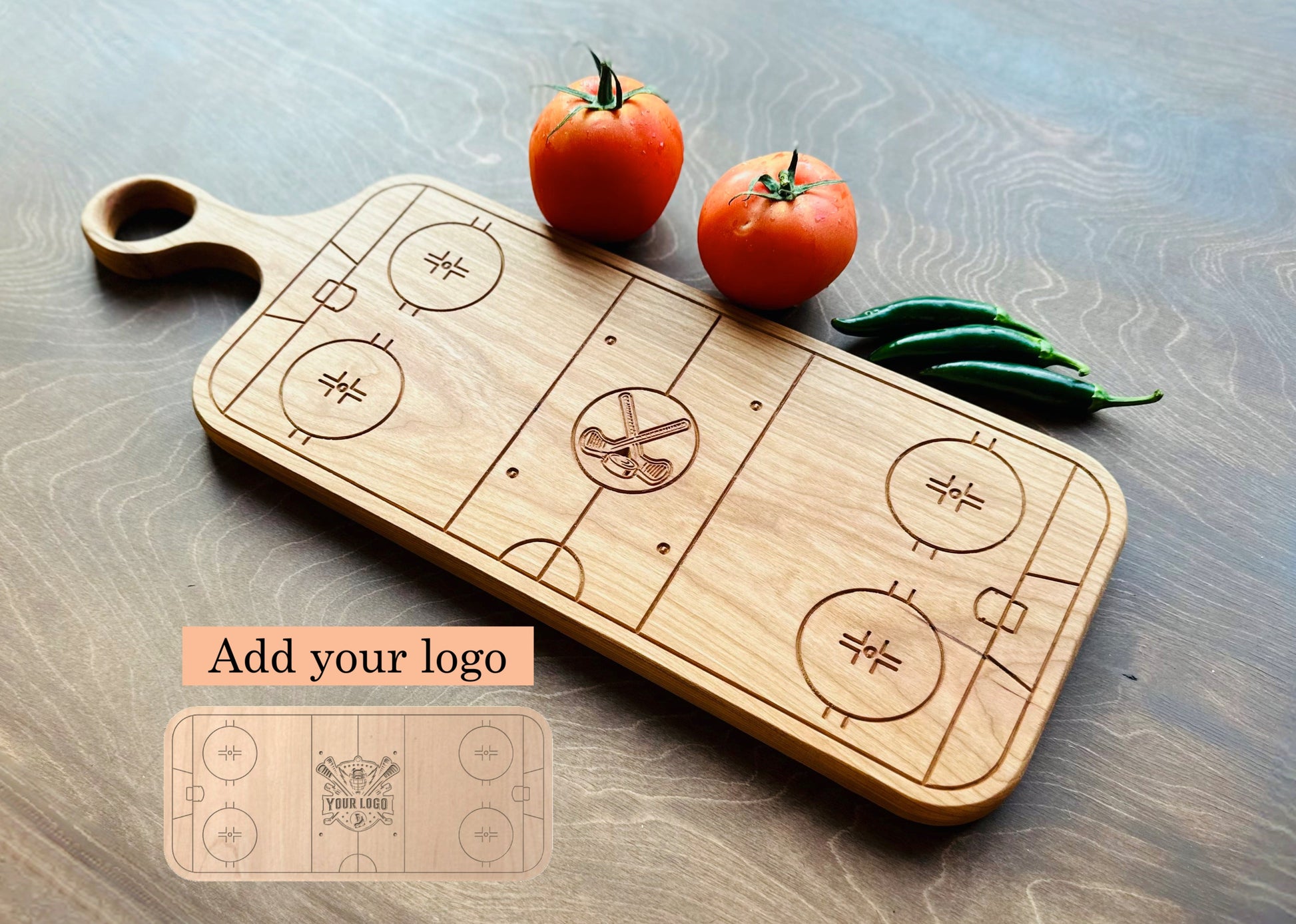 Wooden cutting board with sports court design on a wooden surface with tomatoes.